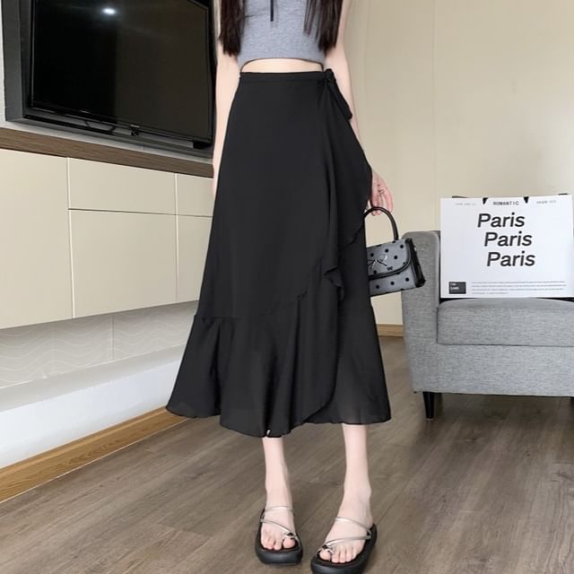 High A-Line Skirt Ruffle Midi Plain Waist