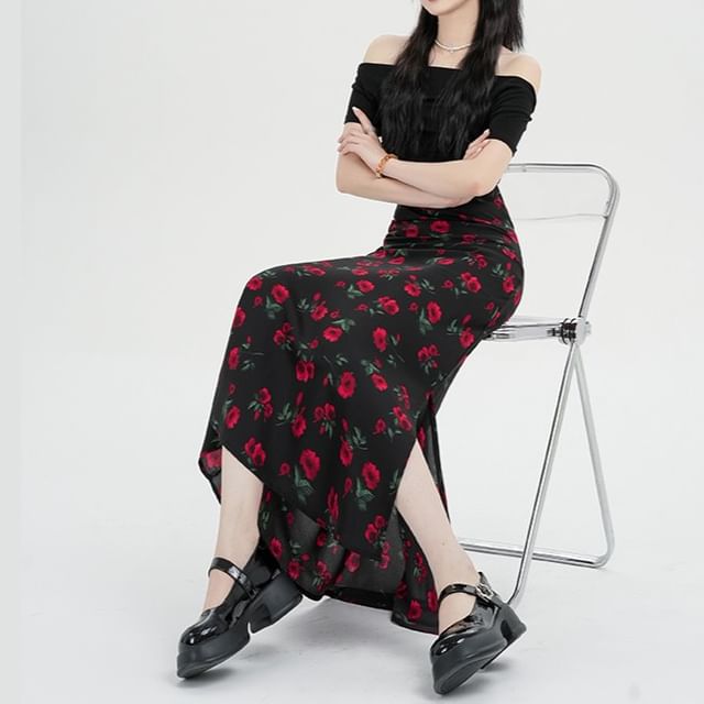 Waist Floral Skirt Maxi A-Line High