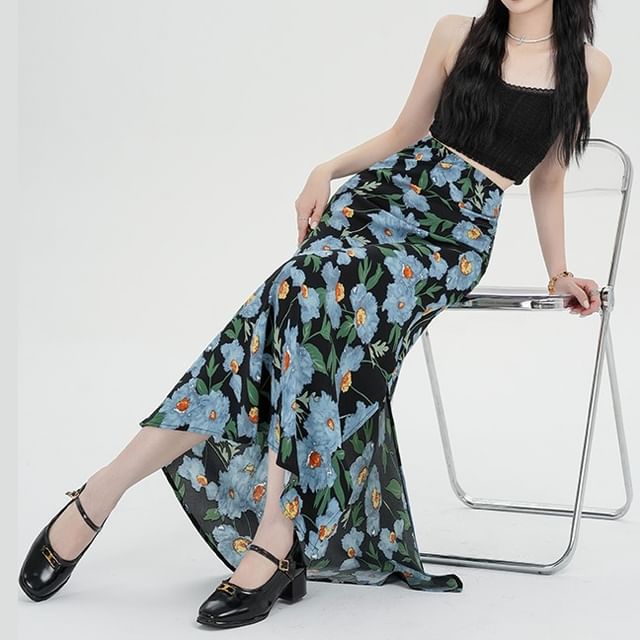 Waist Floral Skirt Maxi A-Line High