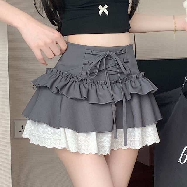 Mini High Lace A-Line Rise Trim Plain Skirt Ruffle Lace-Up