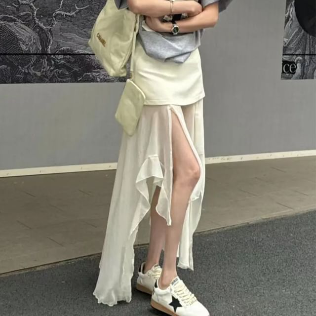 Maxi Plain Asymmetrical Straight Waist High Skirt