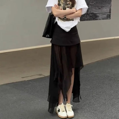 Maxi Plain Asymmetrical Straight Waist High Skirt