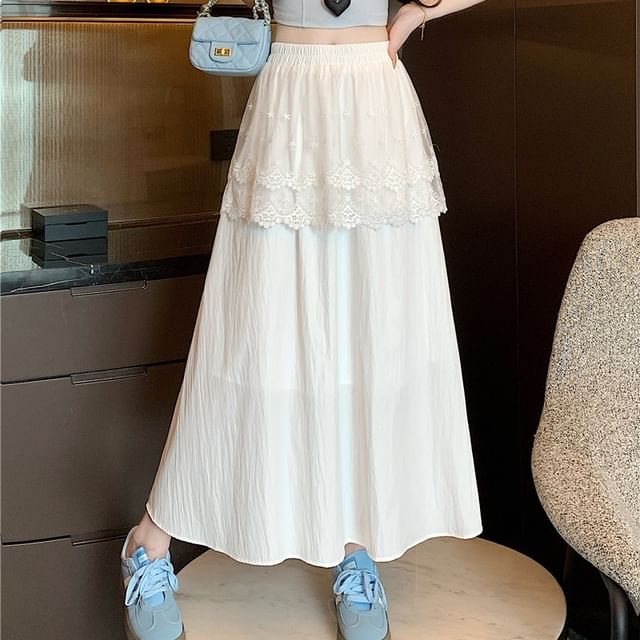 Lace Trim High Rise A-Line Plain Maxi Skirt