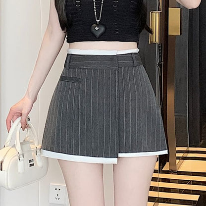 Mini Skirt Rise High Pinstriped Asymmetrical A-Line