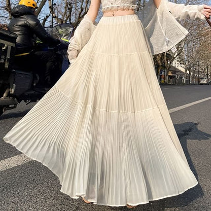 Waist Accordion Maxi High Pleated A-Line Skirt Plain