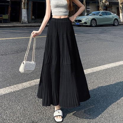 Accordion Plain Maxi Skirt A-Line Waist Pleated High
