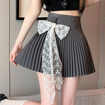 High Waist Mini A-Line Plain Skirt Pleated