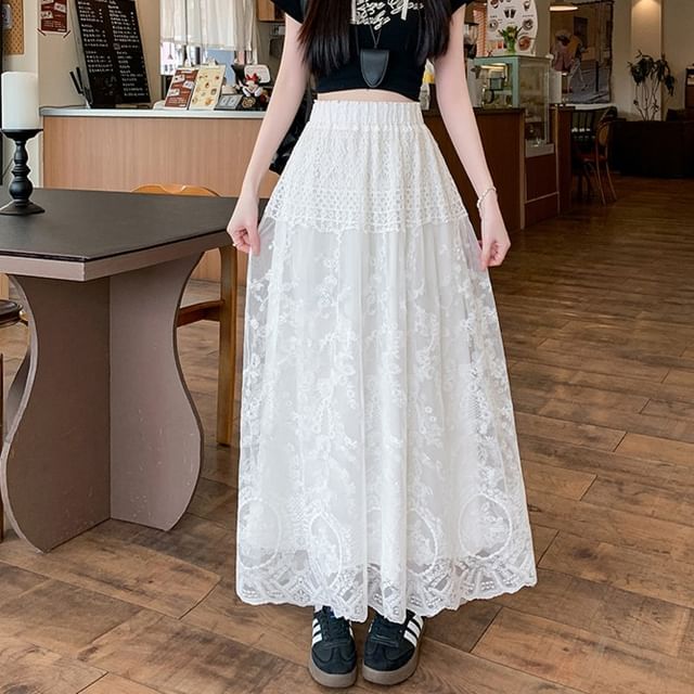 High Waist Embroidered Skirt Maxi Flower Trim A-Line Lace