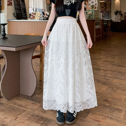 Flower Embroidered Lace High Trim Skirt Waist A-Line Maxi