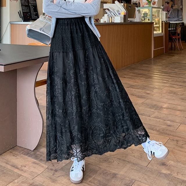 High Waist Embroidered Skirt Maxi Flower Trim A-Line Lace