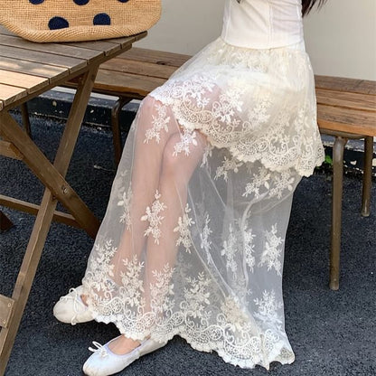 High Maxi Lace A-Line Waist Skirt Trim Flower Embroidered