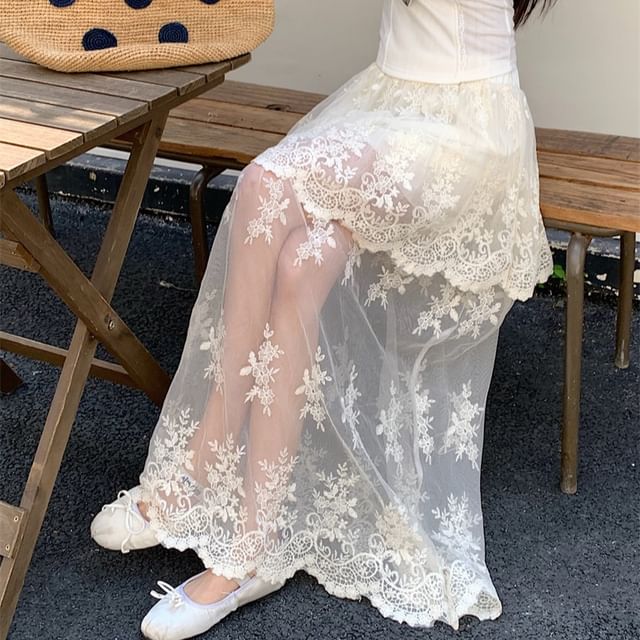 Lace Flower A-Line Embroidered High Waist Maxi Skirt Trim