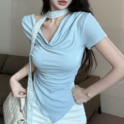 Tee Cowl Fit Asymmetrical Plain Slim Short-Sleeve Neck