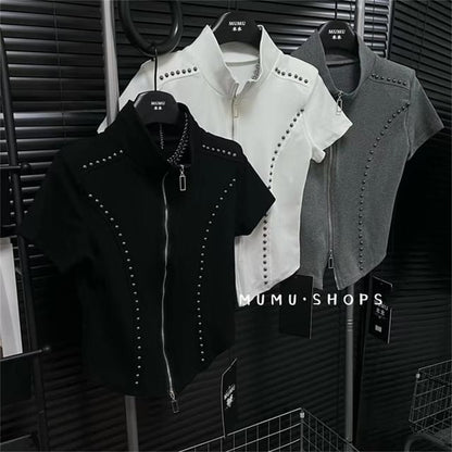 Short-Sleeve Fit Turtleneck Slim Studded Plain T-Shirt Zip