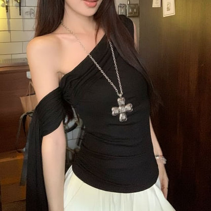 T-Shirt Plain Slim Short-Sleeve Ruched Off-Shoulder Fit Bow