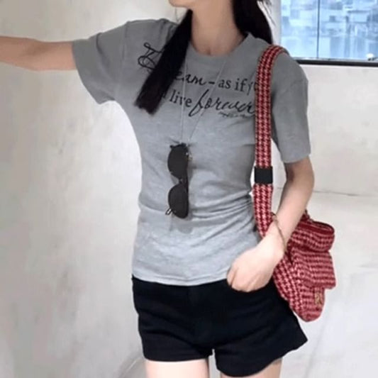 T-Shirt Short-Sleeve Fit Slim Lettering Neck Crew