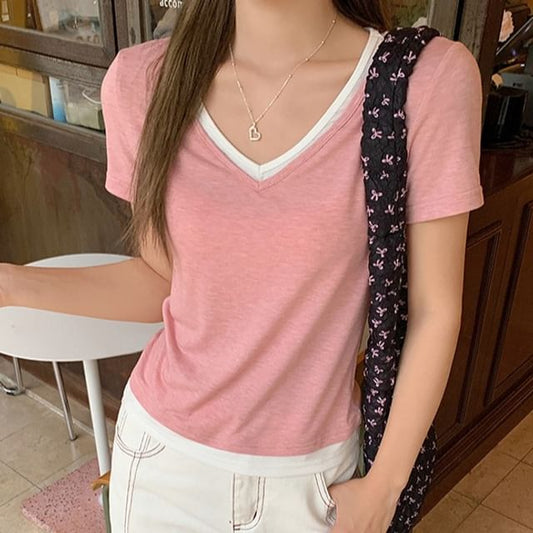 Trim Tee Mock Contrast Short-Sleeve Two-Piece V-Neck