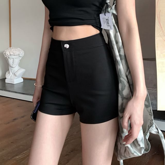 Trim Mock Fit Lace Short-Sleeve Slim Two-Piece Plain High Tee V-Neck / Waist Shorts