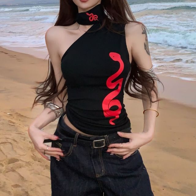 Halter Print Tank Slim Fit Top One-Shoulder Snake