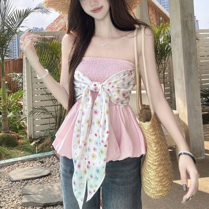 Tube Peplum Floral Bow Top