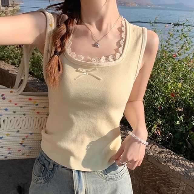 Neck Top Bow Lace Fit Slim Square Trim Tank
