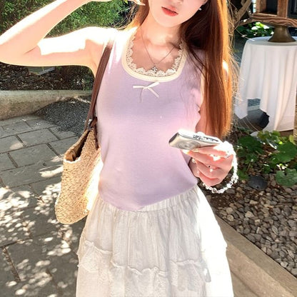 Bow Neck Top Square Slim Fit Trim Tank Lace