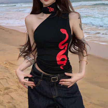 Halter Print Tank Slim Fit Top One-Shoulder Snake