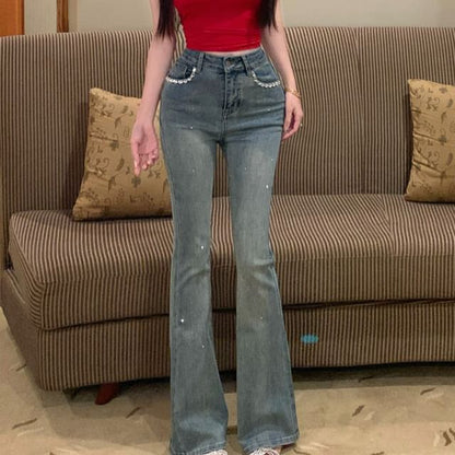 Rhinestone Jeans Mid Bootcut Washed Rise Trim