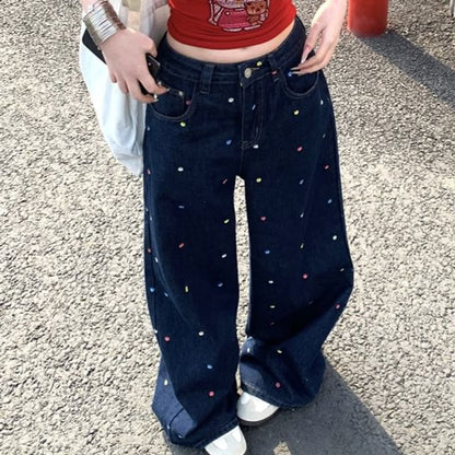 Waist Embroidered Floral Wide Leg Jeans High