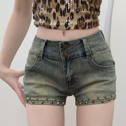 Washed Denim Rise Studded Shorts Low