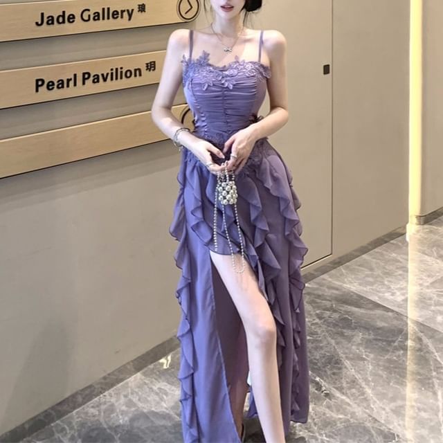 Maxi A-Line Dress Plain Ruched Ruffle Strap Slit Lace Spaghetti Panel