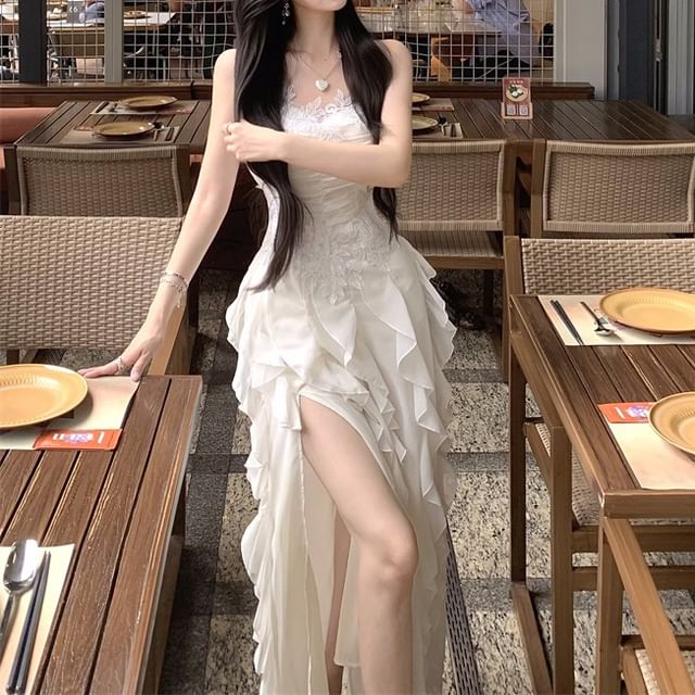 Maxi A-Line Dress Plain Ruched Ruffle Strap Slit Lace Spaghetti Panel