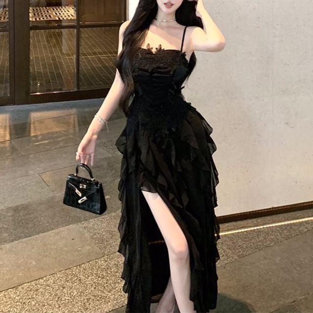 Maxi A-Line Dress Plain Ruched Ruffle Strap Slit Lace Spaghetti Panel