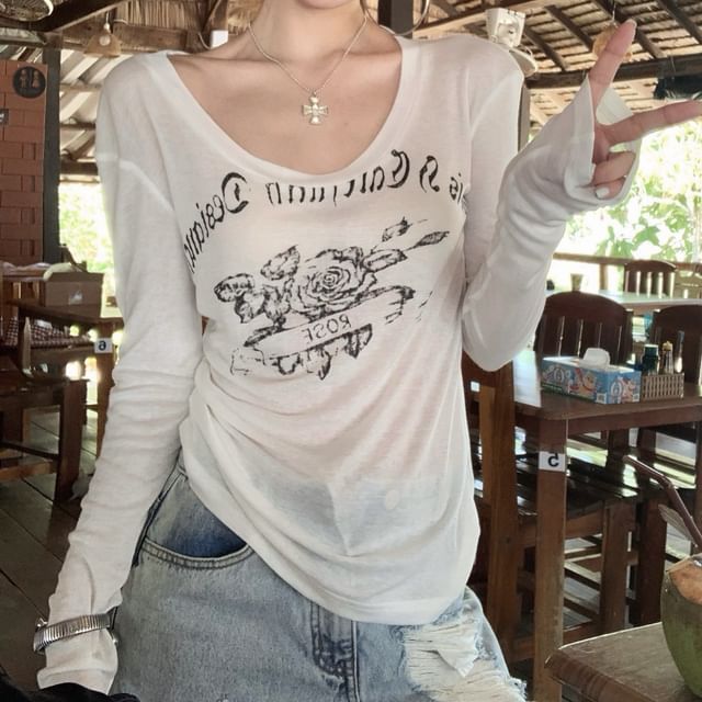 T-Shirt Lettering One-Shoulder Long-Sleeve