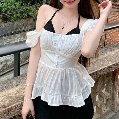 Open Plain Peplum Blouse / Top Halter Bow Back Puff-Sleeve