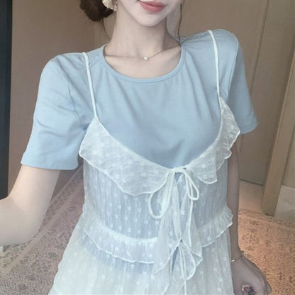 Ruffle Set: Cami Sheer + Plain Crew Tee Short-Sleeve Floral Top Neck