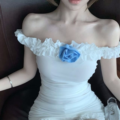 Off-Shoulder High Pants Ruffle Detail / Trim T-Shirt Waist Lace Plain Hot Flower