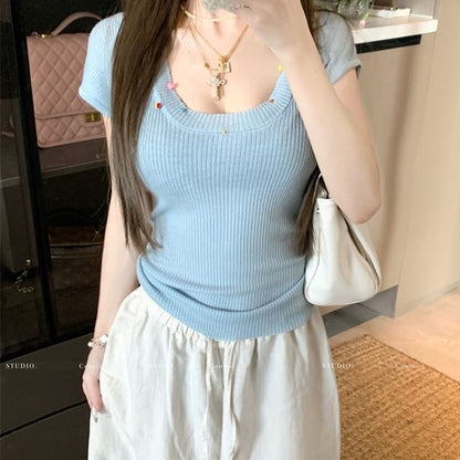 Beaded T-Shirt Scoop Neck Sheer Plain Short-Sleeve