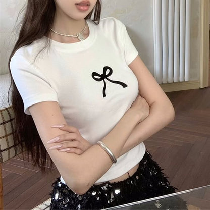 Bow Round Cropped Short-Sleeve Print T-Shirt Neck