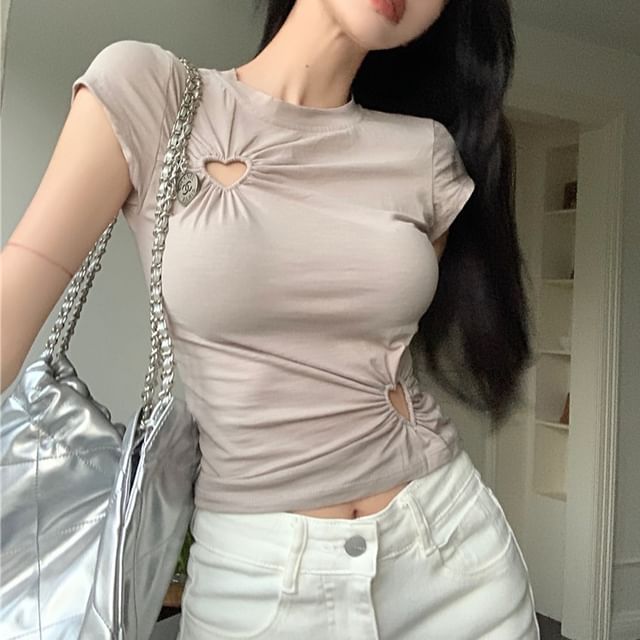 Crew Neck T-Shirt Short-Sleeve Plain Cropped Cutout