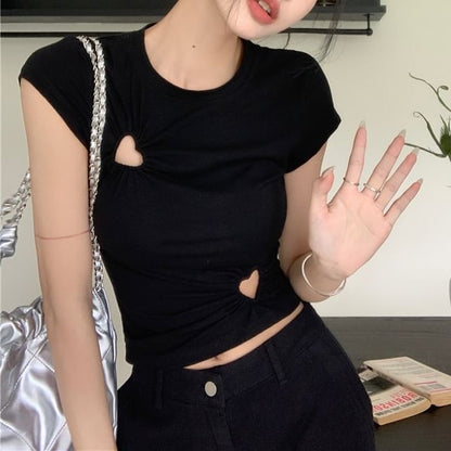 Crew Neck T-Shirt Short-Sleeve Plain Cropped Cutout