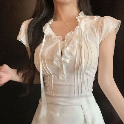 Plain Cap-Sleeve Lace T-Shirt Ruffle Trim