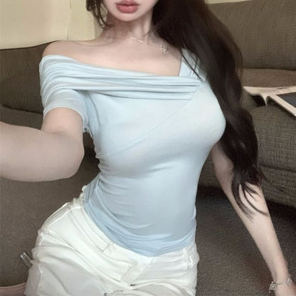 Short-Sleeve Plain T-Shirt One-Shoulder