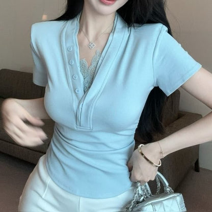 V-Neck Plain Trim Ruched T-Shirt Short-Sleeve Lace