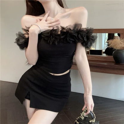 Off-Shoulder Flower Detail T-Shirt Plain