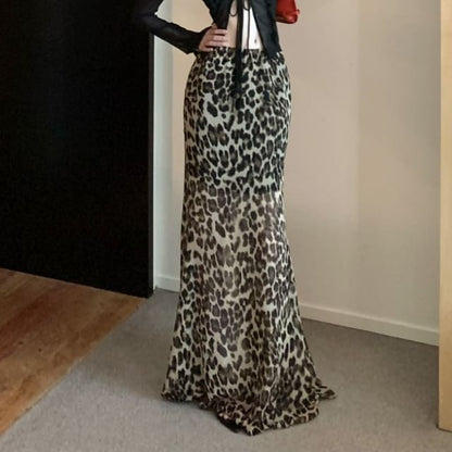 Front-Slit Long-Sleeve Plain Sheer Print Skirt / Top Maxi Leopard High Waist Mermaid