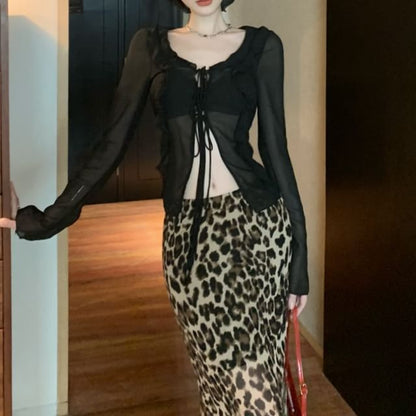 Front-Slit Long-Sleeve Plain Sheer Print Skirt / Top Maxi Leopard High Waist Mermaid