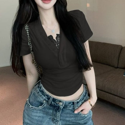 V-Neck Plain Trim Ruched T-Shirt Short-Sleeve Lace