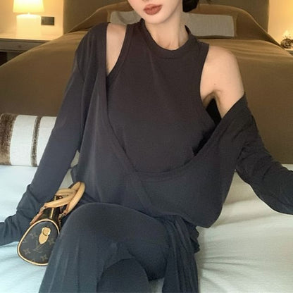 Neck Plain Mock Two-Piece Pants Long-Sleeve High Flared Waist / Crew T-Shirt