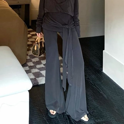 Neck Plain Mock Two-Piece Pants Long-Sleeve High Flared Waist / Crew T-Shirt